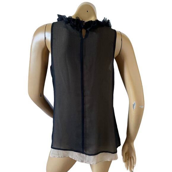 CYNTHIA ROWLEY Womens Size Small Ruffled Sleeveless Tan Black Chiffon Tank Shirt - Picture 4 of 9